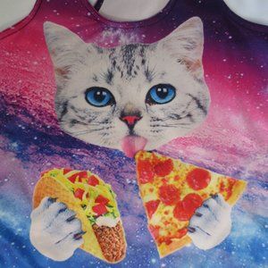 4/$14 CAT pizza TACO womens SHIRT tunic TANK top PINK blue OUTER SPACE size SM